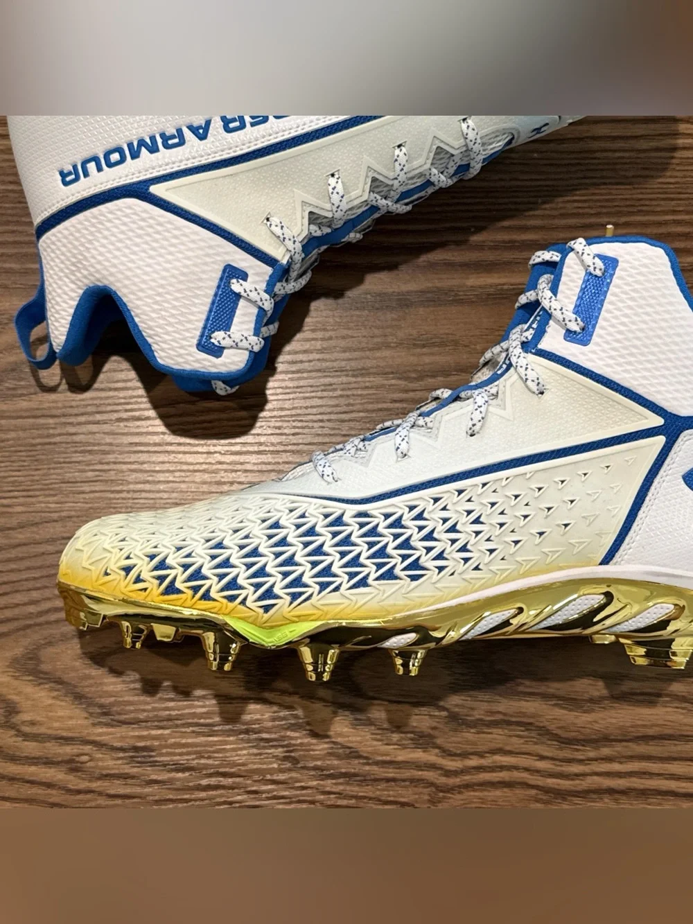 Size 14 Under Armour Spine Hammer MC Football Cleats White/Blue/Gold NEW